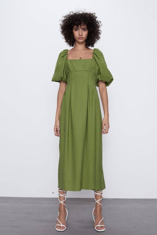 Vestido verde discount manga abullonada zara